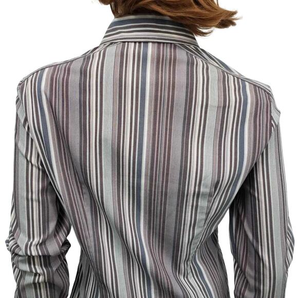 Elie Tahari Blouse Ruffled Front Cuffs S Button down Purple Multicolor Striped - Picture 10 of 12